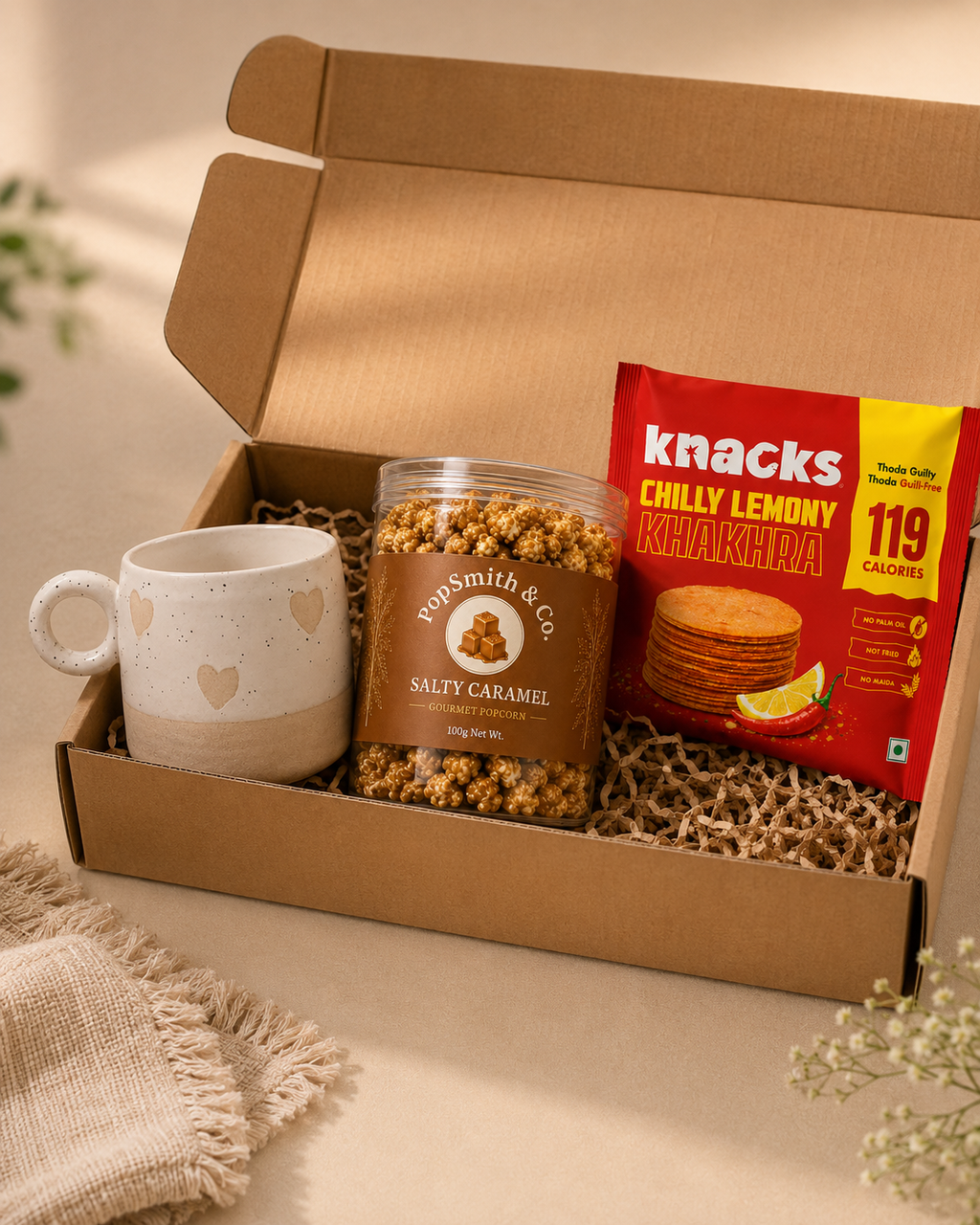 Popcorn Box luxury gift hamper by Pitara Studio — 3 pieces from independent Indian makers in Eco Kraft Box
