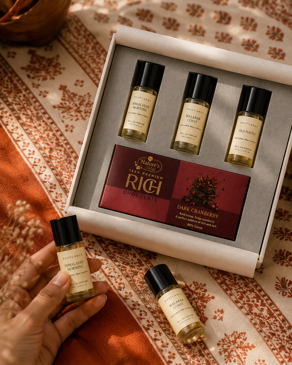 Postcards From India luxury gift hamper by Pitara Studio — 4 pieces from independent Indian makers in Eco Kraft Box