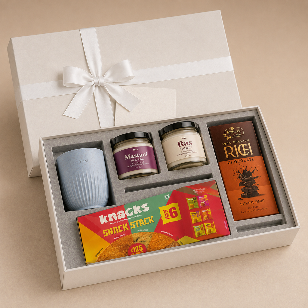 Premium Coffee Desk luxury gift hamper by Pitara Studio — 4 pieces from independent Indian makers in Signature Box with Foam Insert