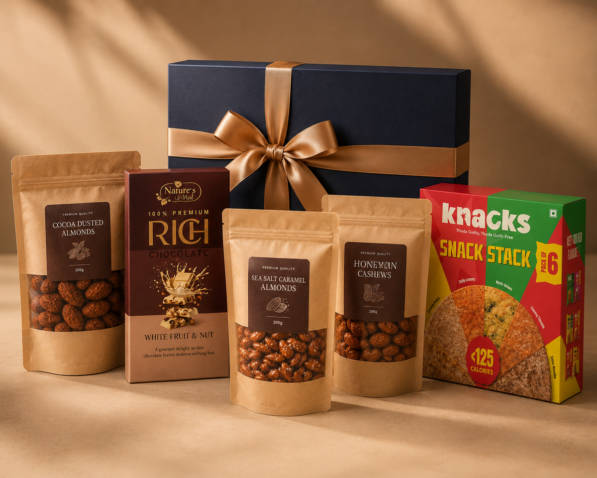 Premium Snack Box luxury gift hamper by Pitara Studio — 5 pieces from independent Indian makers in Signature Box
