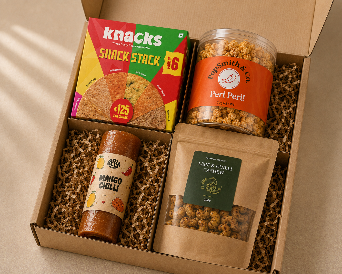 Snack Drawer luxury gift hamper by Pitara Studio — 4 pieces from independent Indian makers in Eco Kraft Box