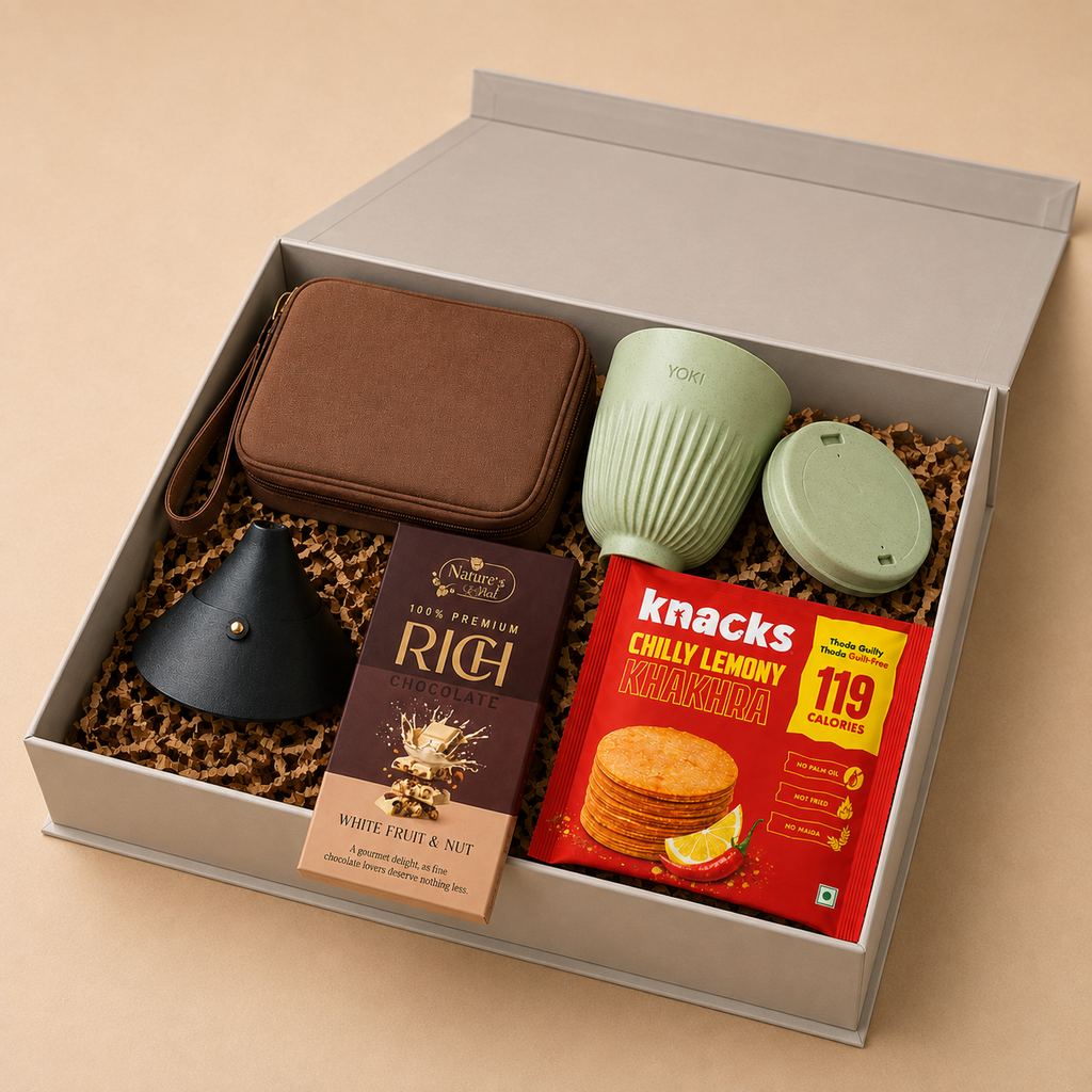 Work & Indulgence luxury gift hamper by Pitara Studio — 5 pieces from independent Indian makers in Signature Box with Foam Insert