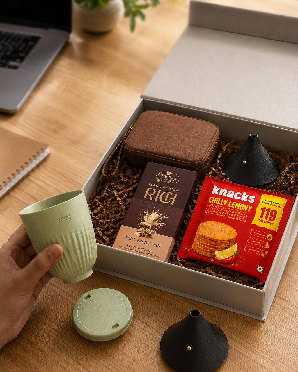 Work & Indulgence luxury gift hamper by Pitara Studio — 5 pieces from independent Indian makers in Signature Box with Foam Insert