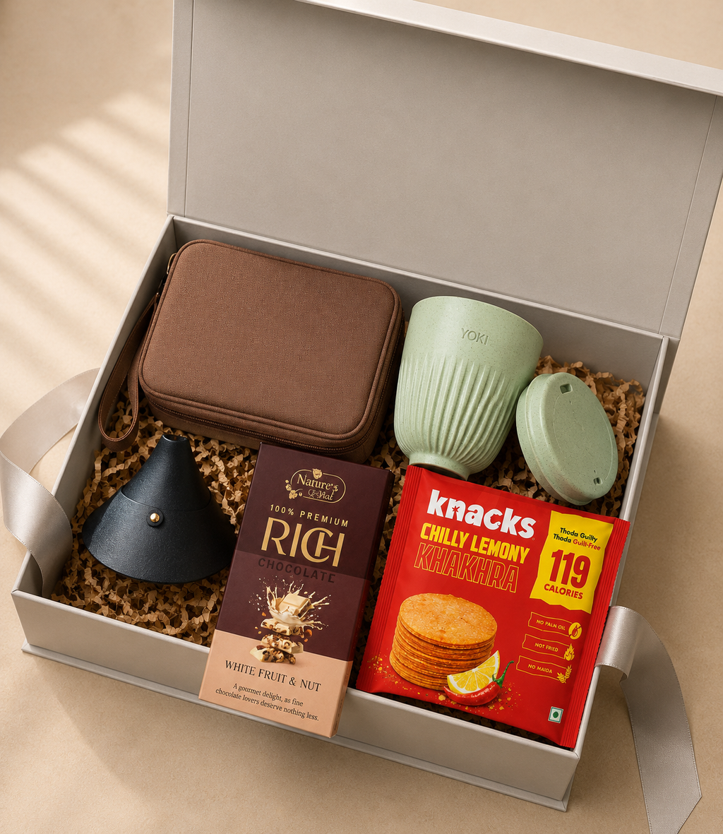 Work & Indulgence luxury gift hamper by Pitara Studio — 5 pieces from independent Indian makers in Signature Box with Foam Insert