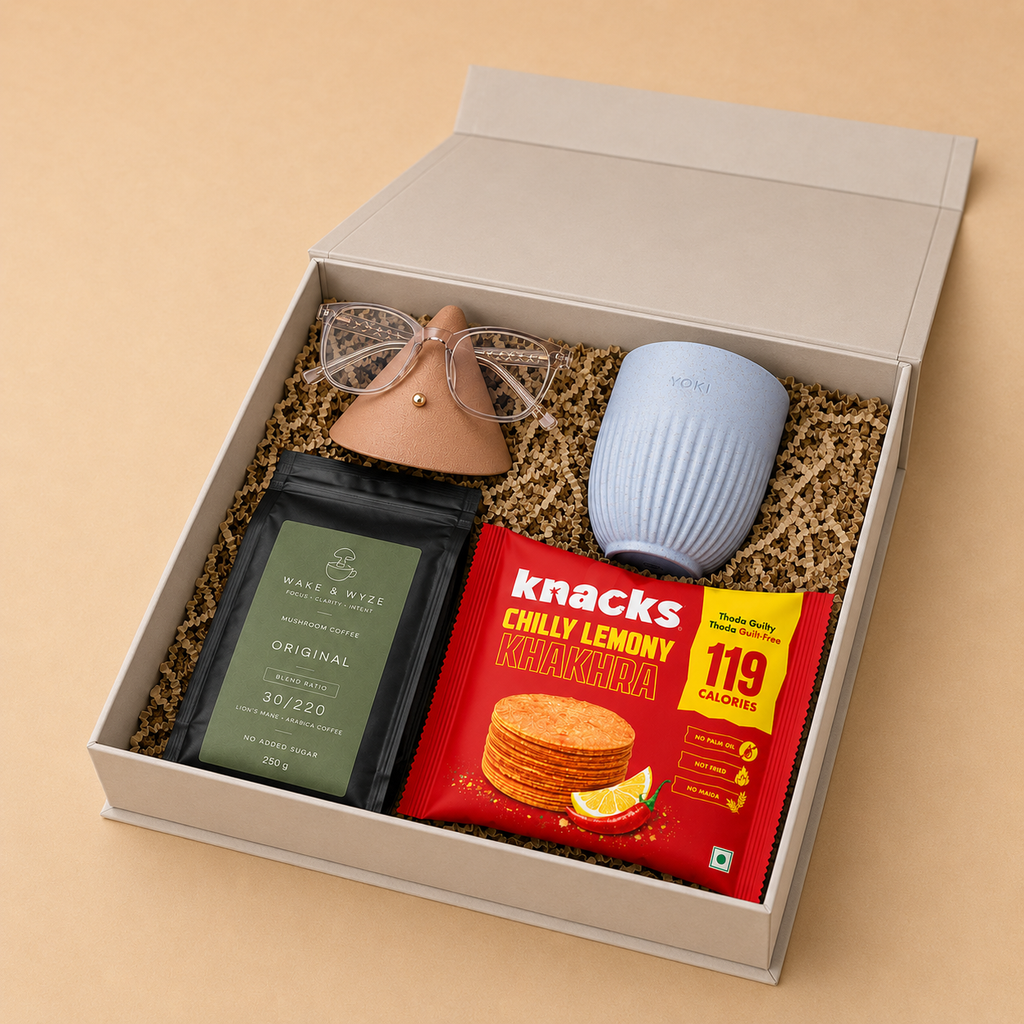 Workday Indulgence luxury gift hamper by Pitara Studio — 4 pieces from independent Indian makers in Magnetic Gift Box
